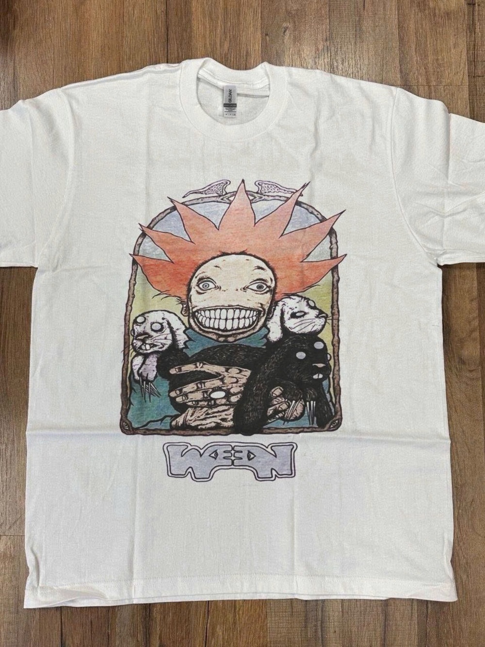 White Graphic Band T-Shirt with Orange Sunburst Design